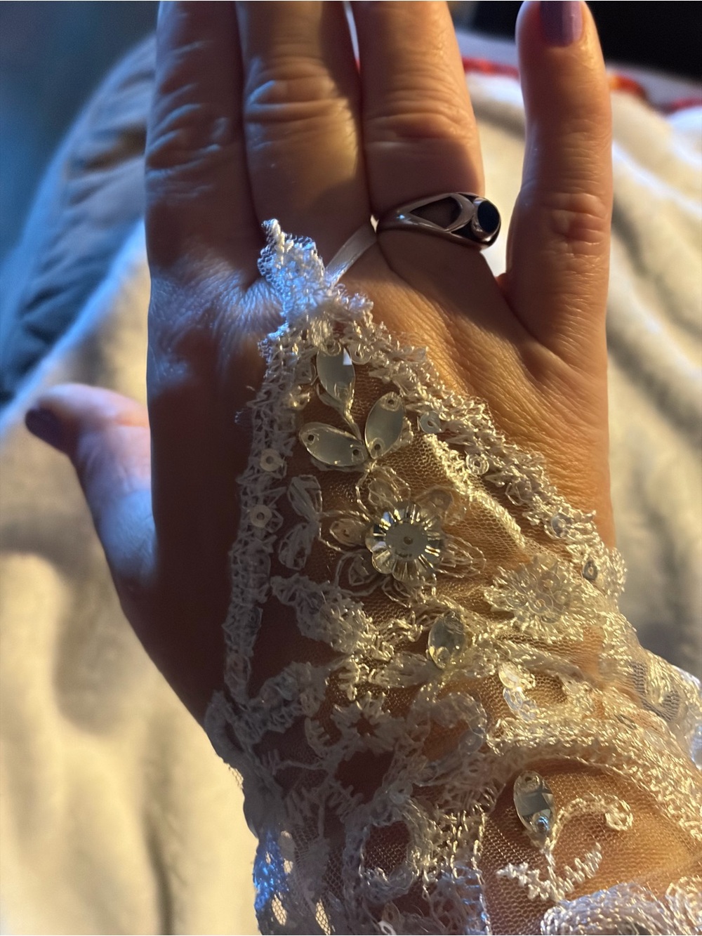 Ivory Beaded Lace Hand Gloves with Accent